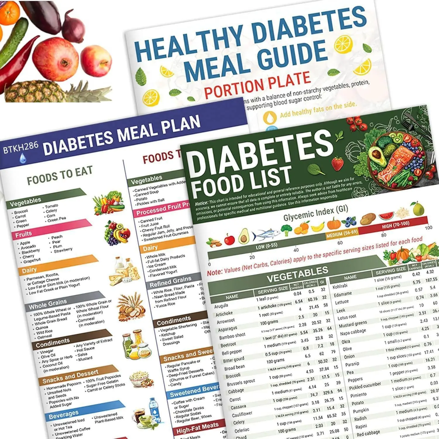 3 Pcs Diabetes Food List, Vitamin Low Carb, Meal Planner for Diabetics Type 1 w Printable Diabetic Food Chart Brochure