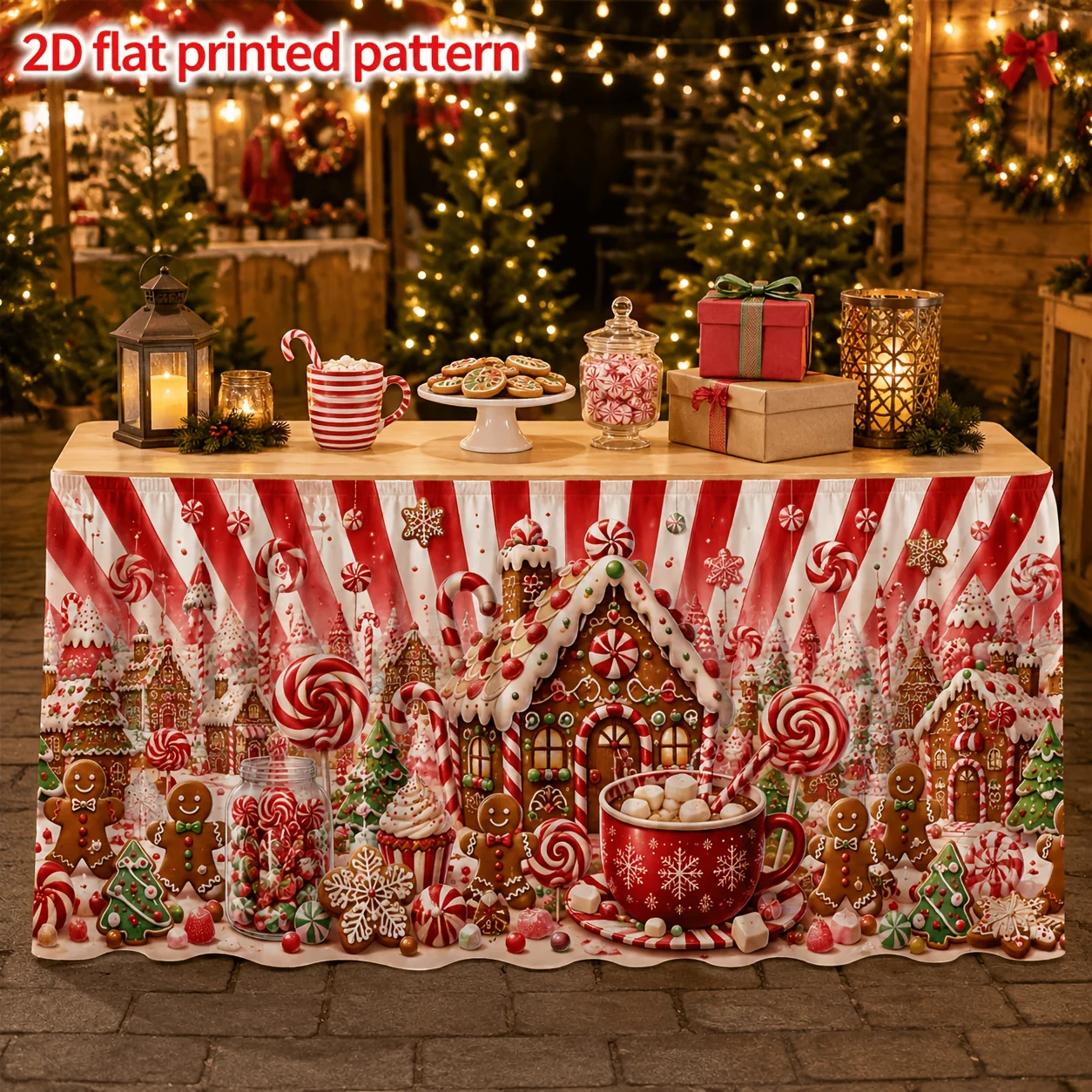 1 piece of table skirt with gingerbread house and gingerbread man cookie stripes for holiday dinners and farmhouse banquets