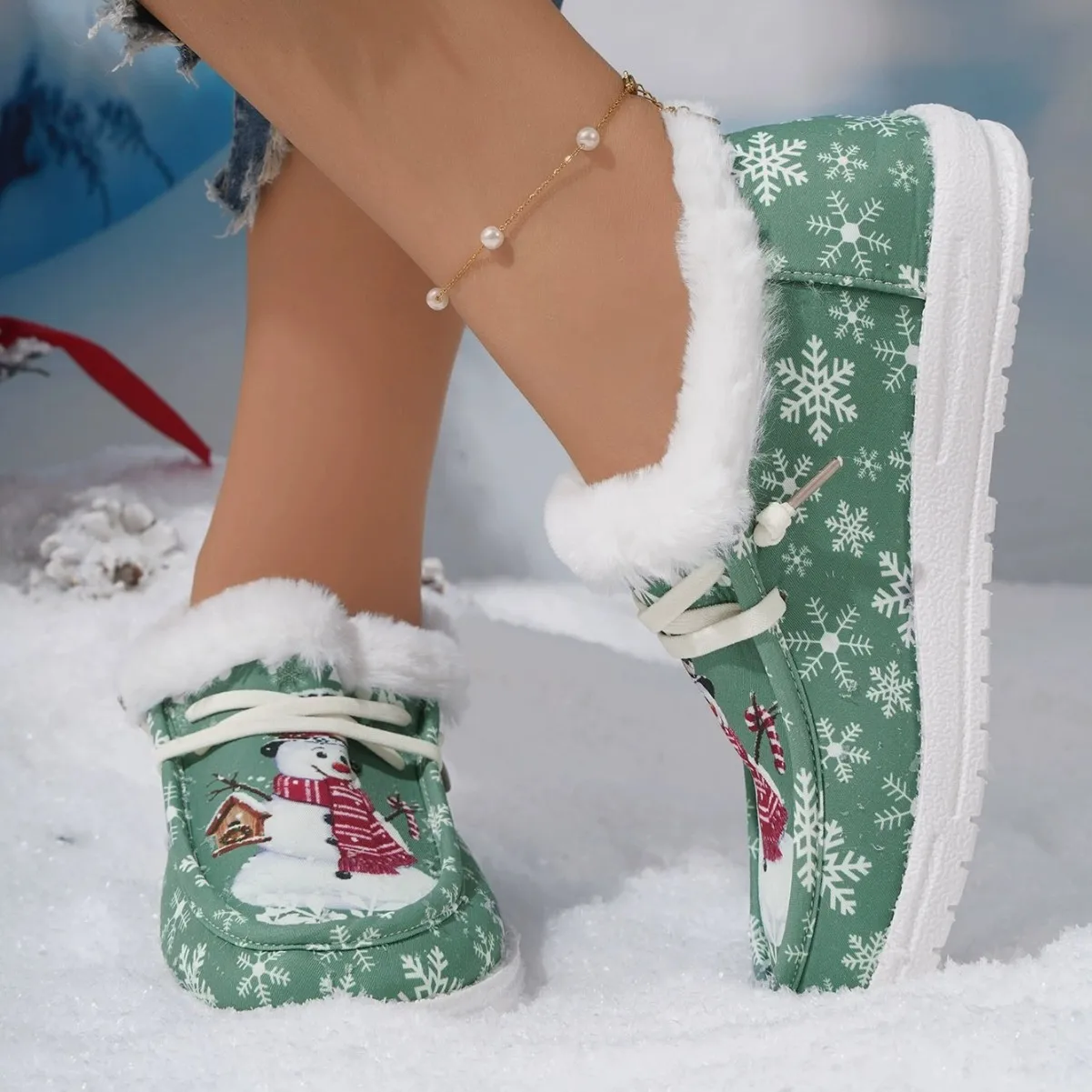 

Christmas Short Snow Boots Winter Oversized Fleece-Lined Casual Women's Flat Warm Cotton Shoes