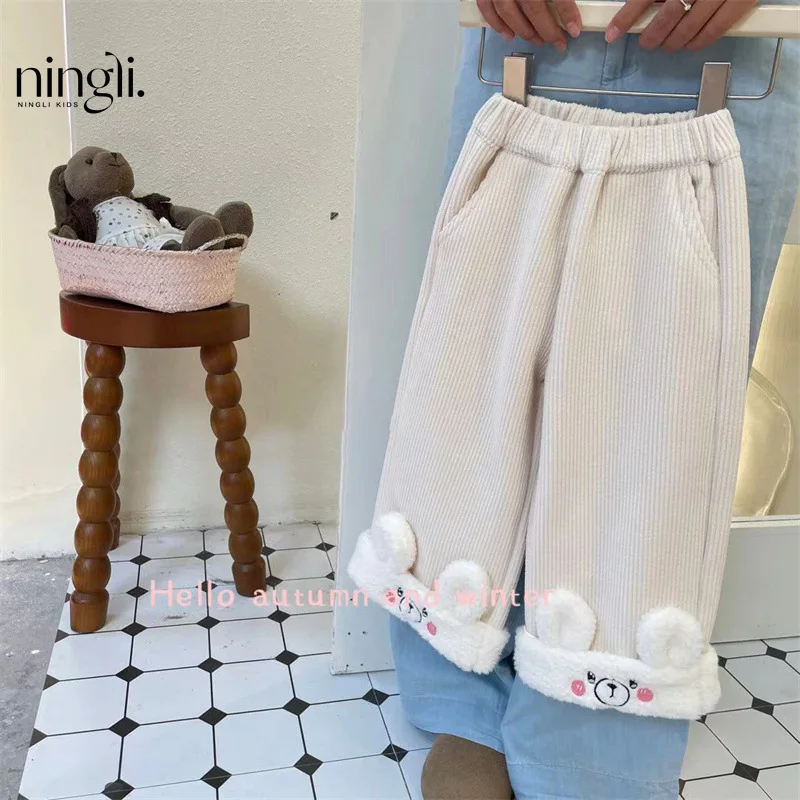 Girls' Pants Autumn and Winter New Fashion Baby Fleece-Lined Casual Trousers Children's Clothing Straight-Leg Pants Winter Cloth