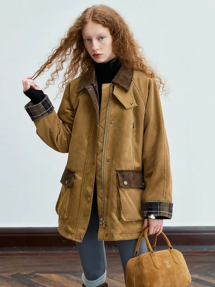 

ZhuoZhi Vintage Color Blo Collar Jaet Loose Warm ket Zipper Cotton Women's Outerwear Winter 2025 Faion French Sle