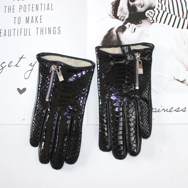 New Women's Sheepskin Gloves Fashion Crocodile Zipper Style Touch Screen Warm Wool Knitted Lined Driving Leather Gloves