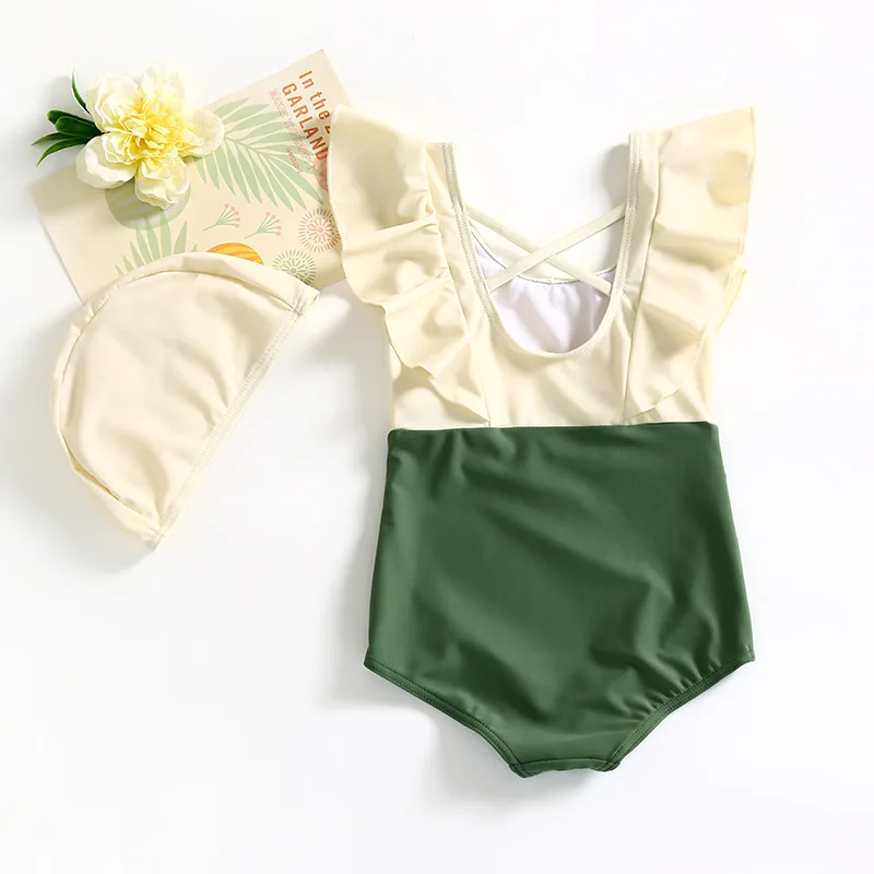 

Solid Children's One-piece Swimsuit for Girls 2-8 Y Backless Korean Style Swimwear Girl Bathing Suit Girl Quick Drying with Cap