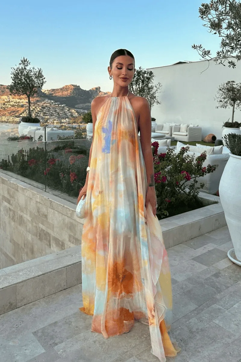 Robe imprimée de style européen et américain pour femmes, col ample, col licou, loisirs, vacances, robe de bord de mer, nouvelle collection