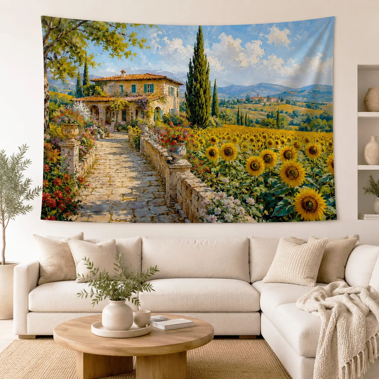 Tuscan Sunflower Field Tapestry Italian Countryside Landscape Wall Hanging Farmhouse Wall Decor for Bedroom Living Room Dorm