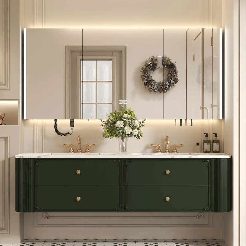 French Luxury Style Wall-Mounted Bathroom Vanity With Ceramic Basin And Smart Mirror Solid Wood Cabinets For Hotel Use