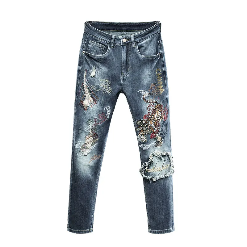 2024 New High-End Jeans Men's Fashion Quality Design Ripped Special Street Trend Stretch Retro Blue Long