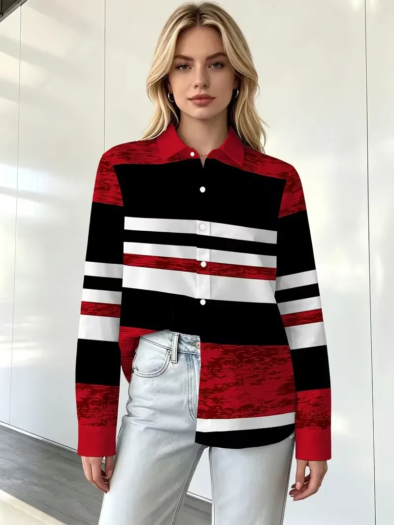 Fashion women's shirt, 3D striped polka dot heart gradient printed shirt, long sleeved lapel button casual versatile Blouse Tops
