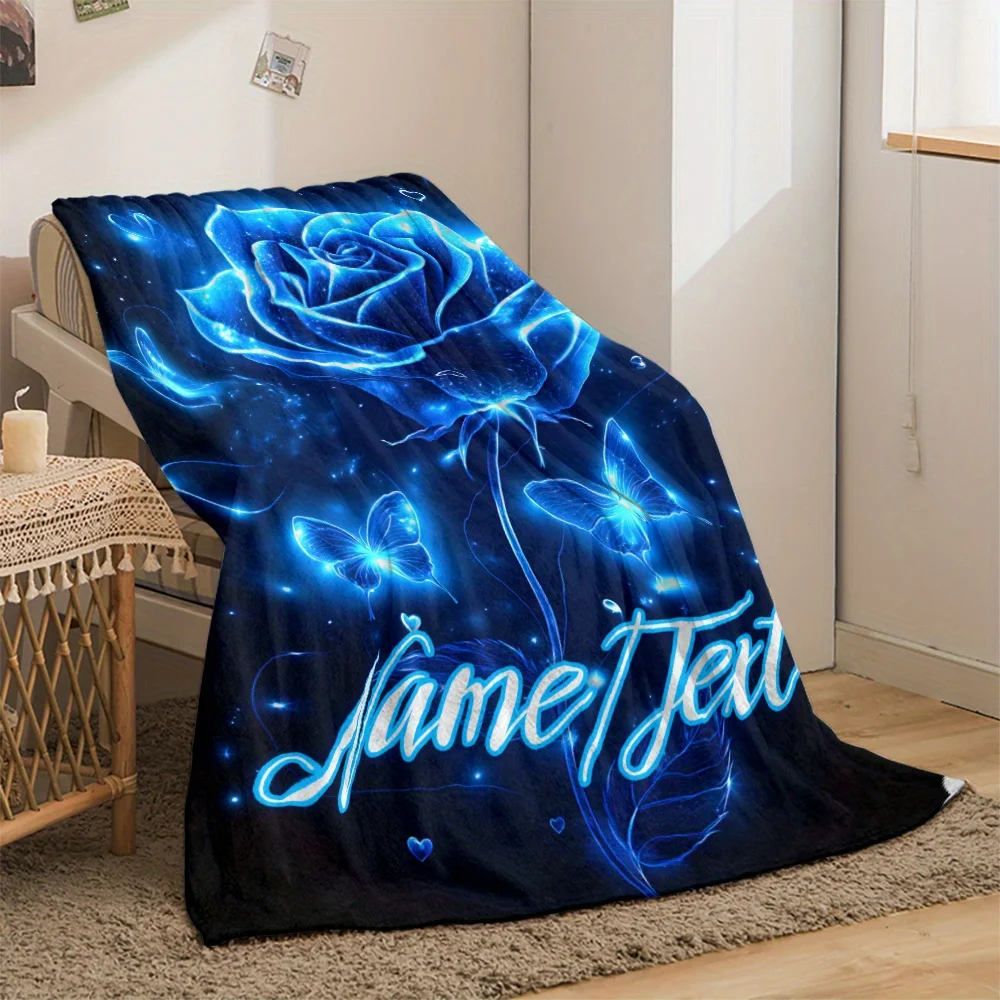 Personalized Glow-in-the-Dark Rose Blanket – Soft & Warm Flannel with Butterfly & Star Design, Lightweight Bedding for Home