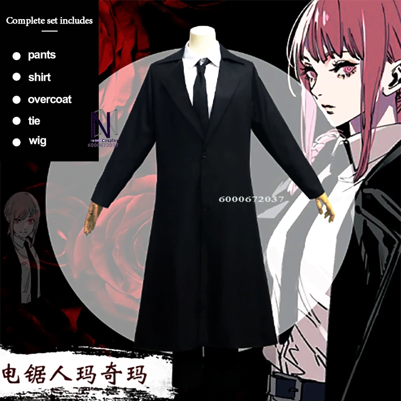 

Anime Chainsaw Man Makima Cosplay: Men's Windbreaker Shirt, Tie & Pants - Light Red Long Braid Role-Play Set