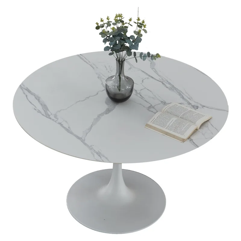 Pure black rock slab round table tulip household round dining table simple white dining room table and chair combination