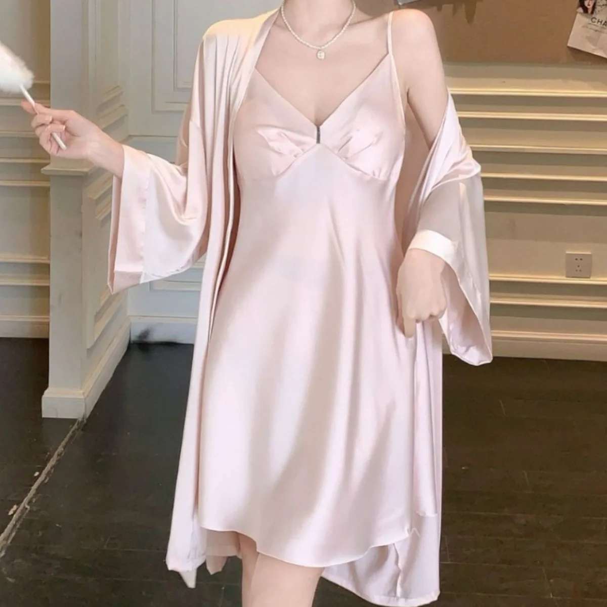 

Sexy Female Nighty&robe Set Lace Suspender Nightgown Intimate Lingerie Spring Summer Silk Satin Sleepwear Nightdress Loungewear