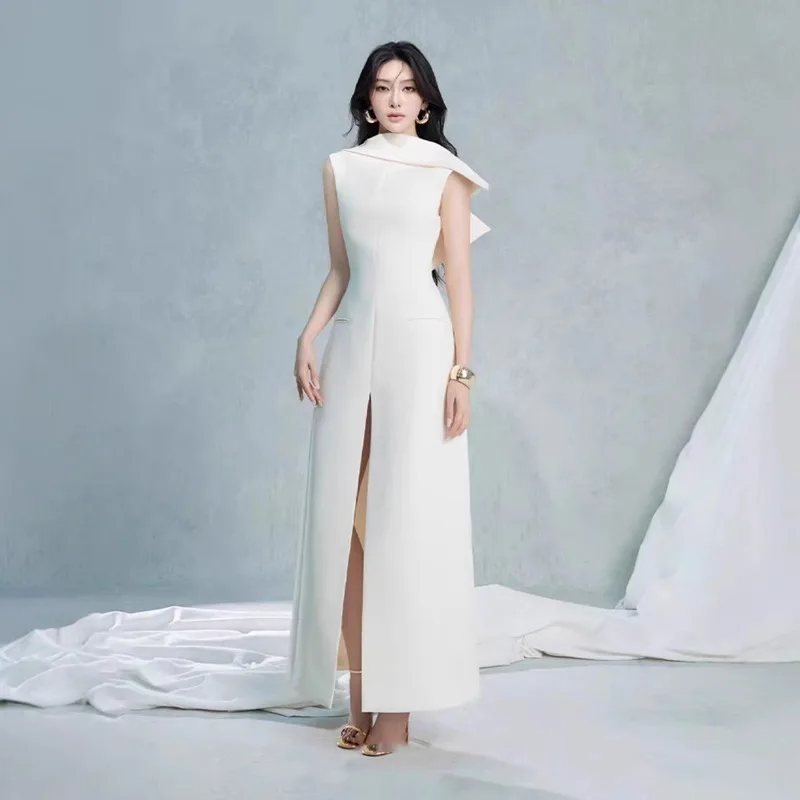 LISM mode femmes robe élégante Patchwork sans manches fendu Satin taille haute robe de soirée 2025 automne nouveau