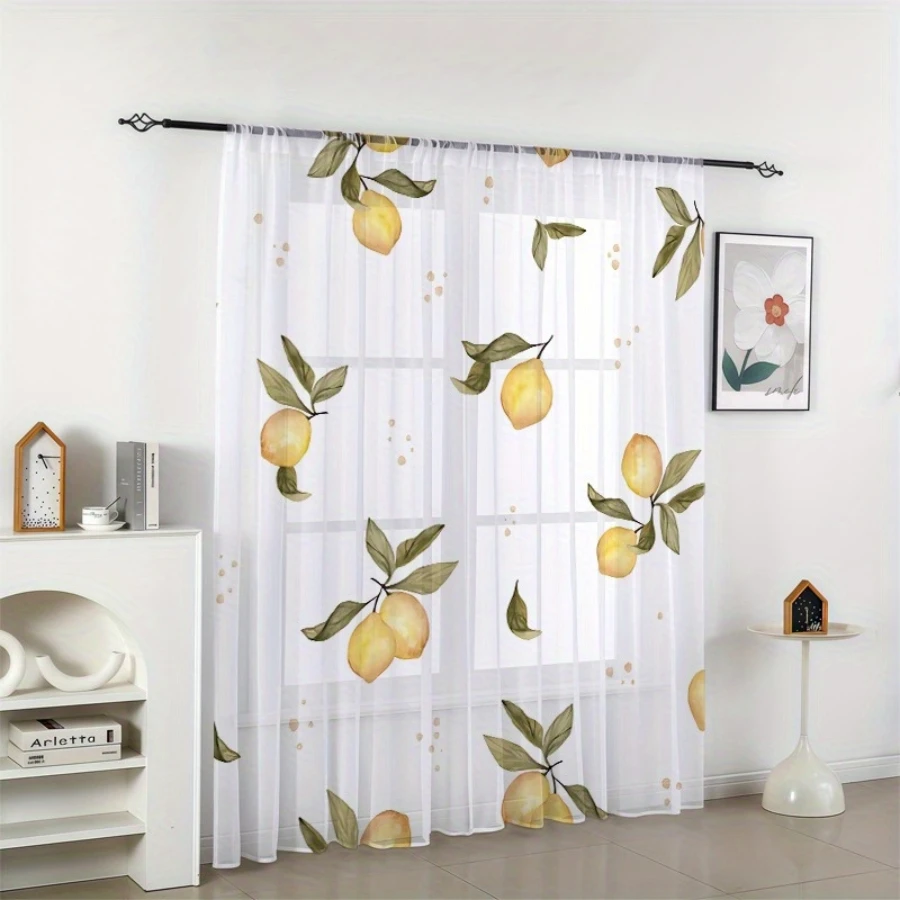 2PCS Digital Printed Sheer Curtain, Fresh Lemon Citrus Print, Bright Summer Zesty Fruit for Living Room Bedroom Home Decor