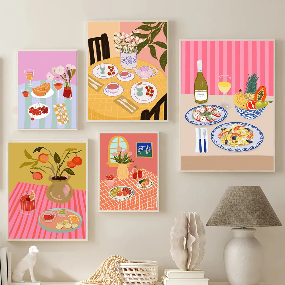 1 toile sans cadre, impression colorée de dessins animés sur le thème de la cuisine, affiches sur toile, art mural pour l'heure du thé, pâtes, pique-nique, bien-être