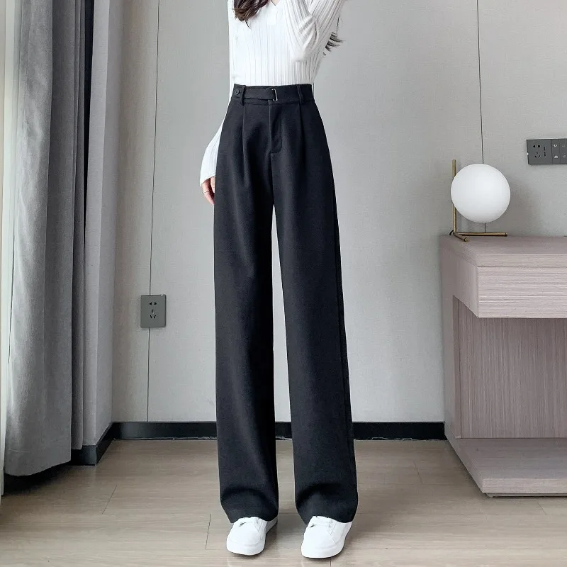 Brązowe wełniane spodnie z wysokim stanem i szerokimi nogawkami, damskie, jesienno-zimowe, nowe, wyszczuplające, proste spodnie garniturowe, do pracy, asymetryczne.