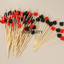100Pcs Las Vegas Poker Theme Bamboo Food Cocktail Pick Casino Playing Card Fruit Forks for Boy Birthday Game Night Party Decor