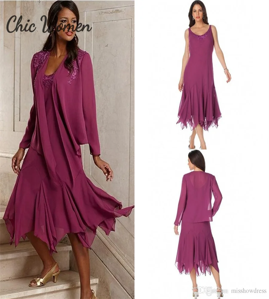 

Elegant Purple Mother Of The Bride Dress 2023 Two Piece Chiffon Tea Length Plus Size Wedding Guest Dress With Jacket Evening