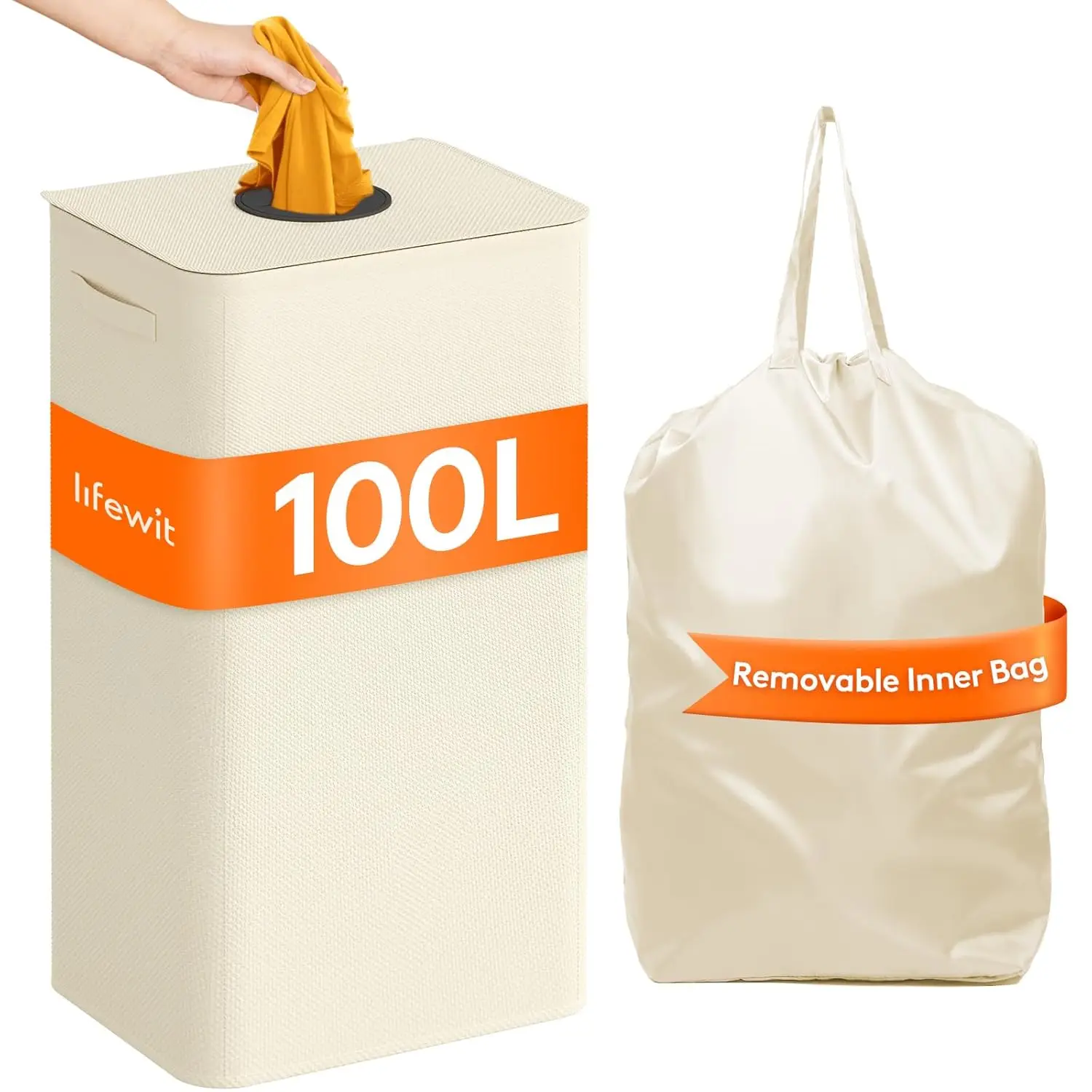 

100L Large Laundry Hamper with Lid, Collapsible Laundry Basket with Lid and Reusable Inner Bag, Tall