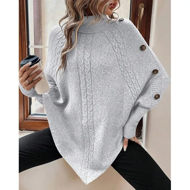 Otoño Invierno nuevo suéter Irregular de mujer de punto de moda flor retorcida cuello alto botón manga de murciélago jerseys Top