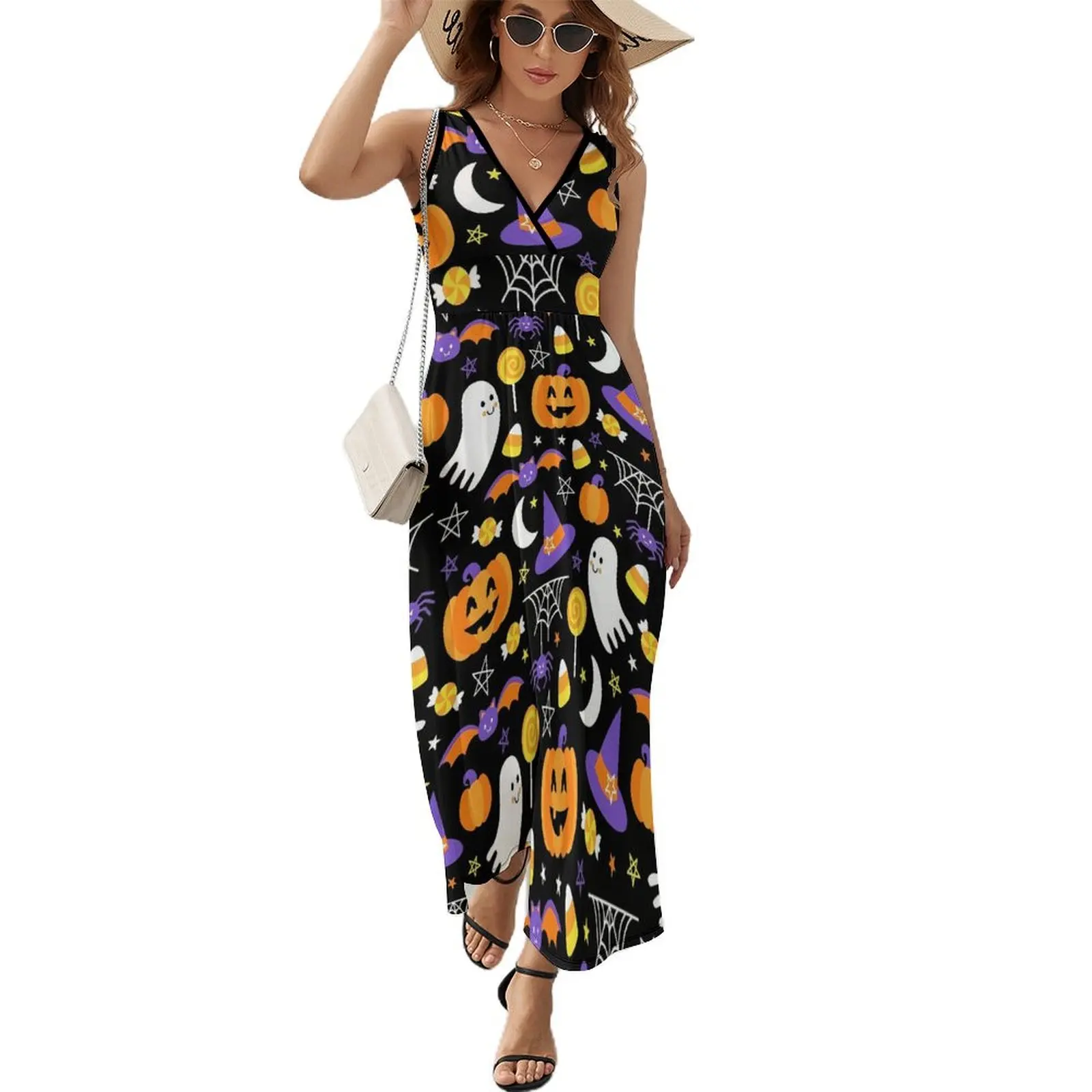 

Happy Haunts Dress Female Spooky Cute Halloween Cute Maxi Dress V Neck High Waist Korean Fashion Graphic Boho Beach Long Dresses