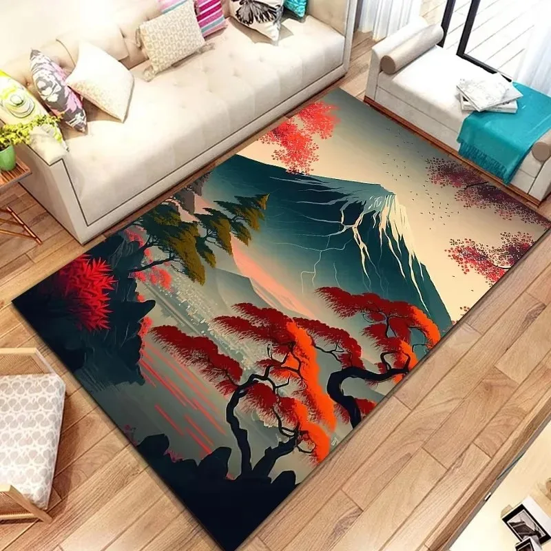 Japanese Landscape Print Rug with Cherry Blossom & Fuji Mountain for Bedroom and Sofa Entryway Decor