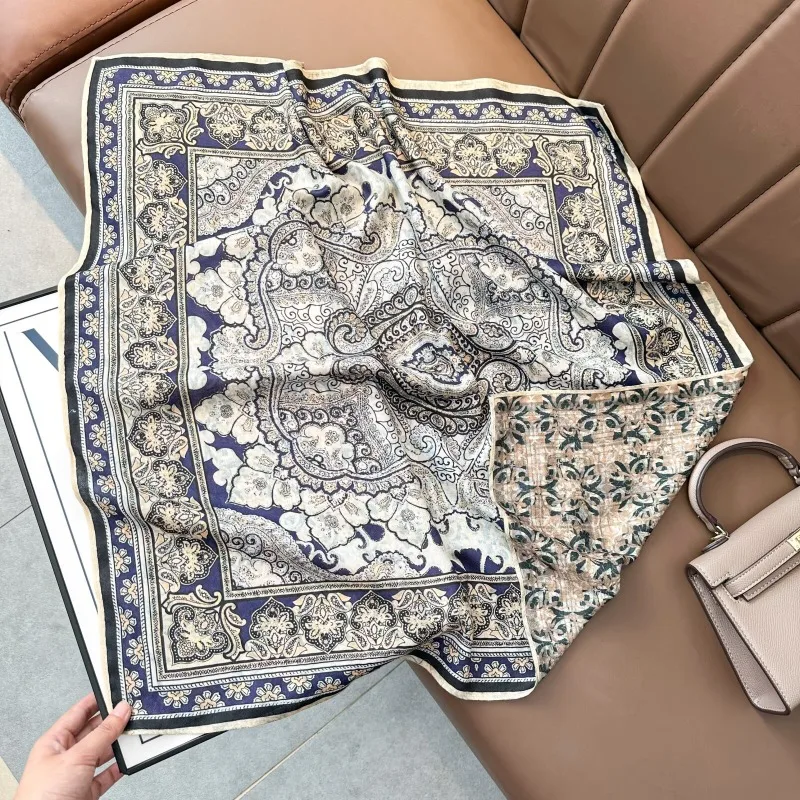 Velvet 70cm Square Scarf Double Sided Different Color Cotton Linen Feel Fashion Shawl Neck Kerchief For Spring Autumn