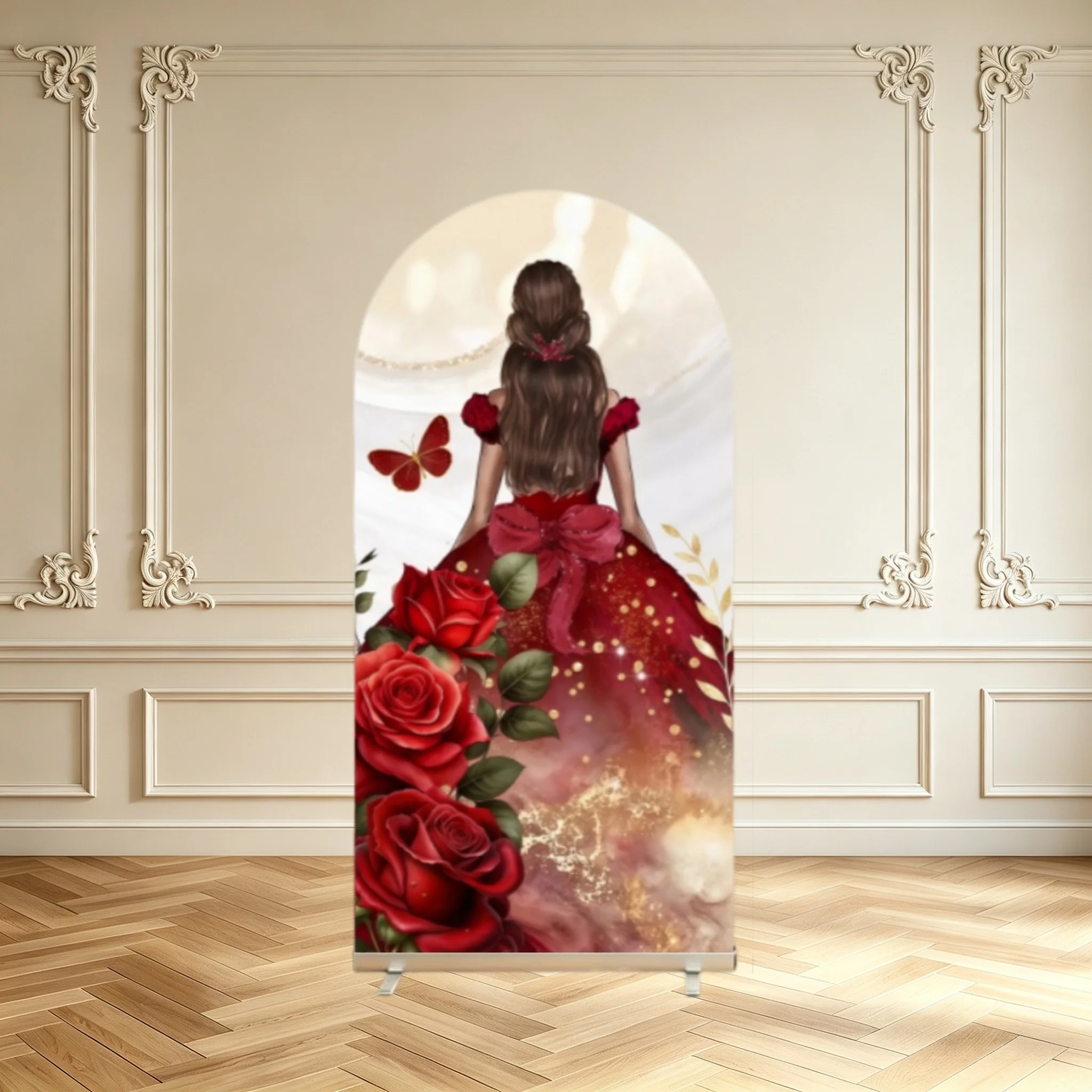 Quinceañera 15th Birthday Arch Backdrop Cover Red Rose Princess Marble Design Sweet 15 Años Party Decor Double Sided Arch Covers