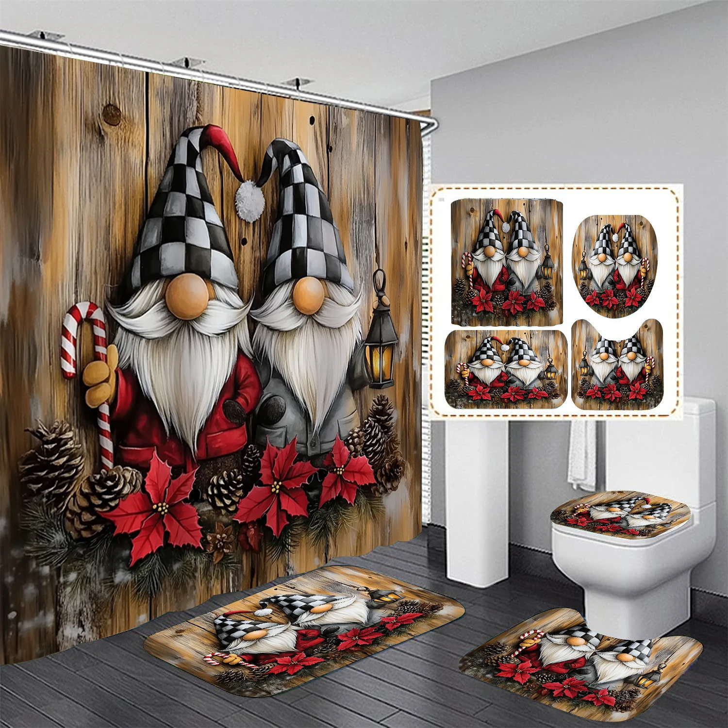 

4pcs Dwarf Christmas Photo Shower Curtain Set, Printed Bathroom Decor for Farmhouse Style