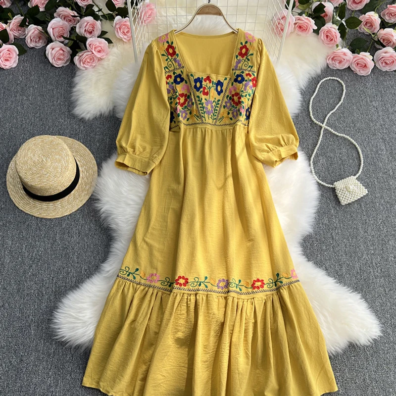 Primavera/estate donna viaggio vacanza abito lungo Vintage stile etnico bohémien vita ricamata legare abito in cotone e lino muslimah