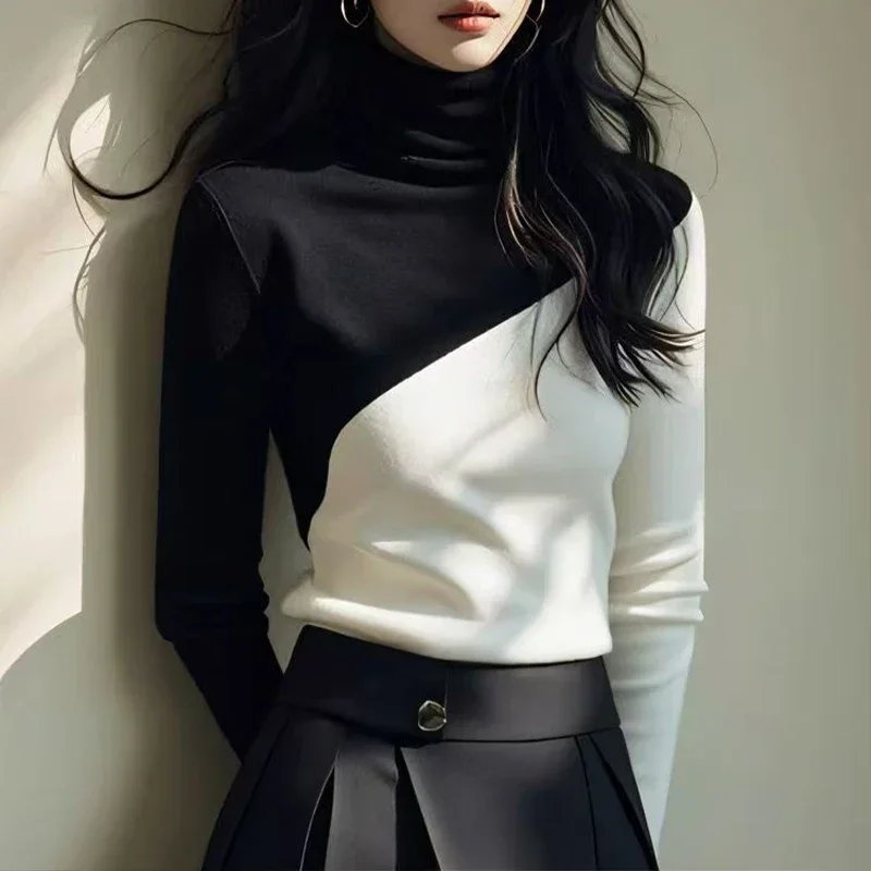 

Long Sleeved Color Blocking Splicing Women's T-shirt Spring Autumn Fashion Slim Fit High Neck Base Shirt Top for Women ZT424