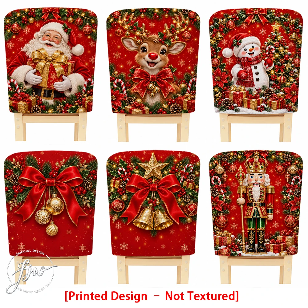 2/4/6pc Christmas Chair Back Covers Festive Xmas Holiday Dining Chair Slipcovers with Santa Snowman Reindeer Designs