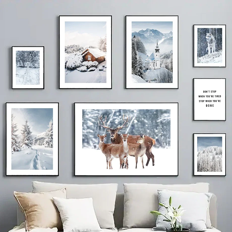 Winter Snow Forest Bridge Mountain Deer Wall Art Canvas Painting Nordic Posters And Prints Wall Pictures For Living Room Decor