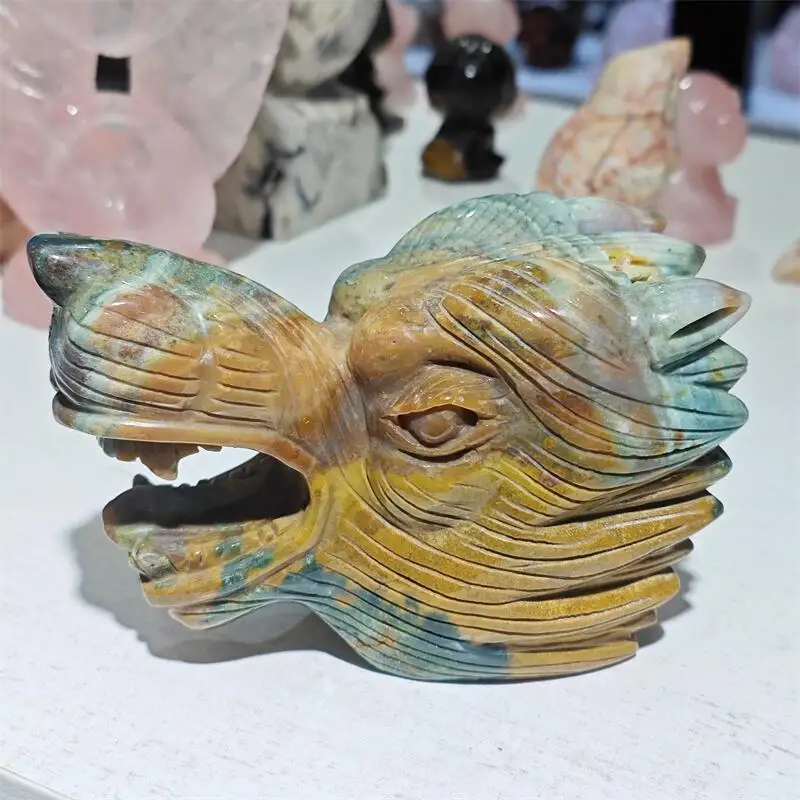 Natural Ocean Jasper Wolf Head Carving Statue Crafts Animal Polished Healing Figurine Home Ornament Gift 1PCS