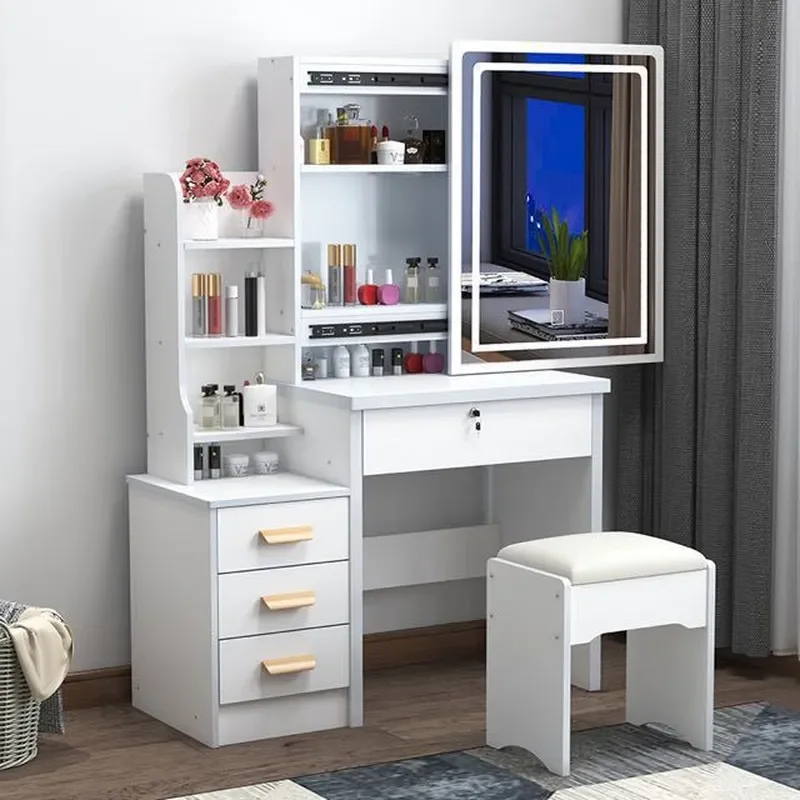 Trendy Wooden Dressing Table Sliding Mirror Princess Vanity Desk Bedroom Small Apartment Storage Makeup Table