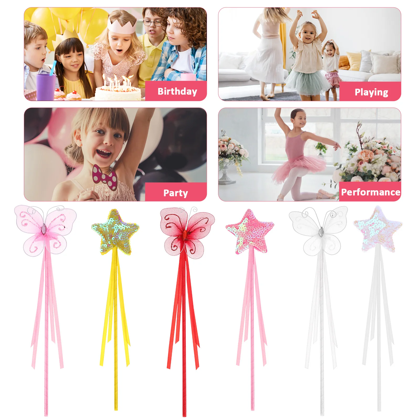 6Pcs Fairy Wands Kit Star and Butterfly Shapes Kids Cosplay Party Props Costume Props Girls Fairy Sticks Star Wands