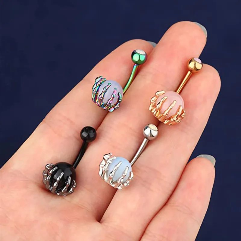Punk Opalite Navel Piercing Ombligo Skeleton Hand Holding Stone Ball Belly Button Rings 14g Steel Body Jewelry Women Men Oreja