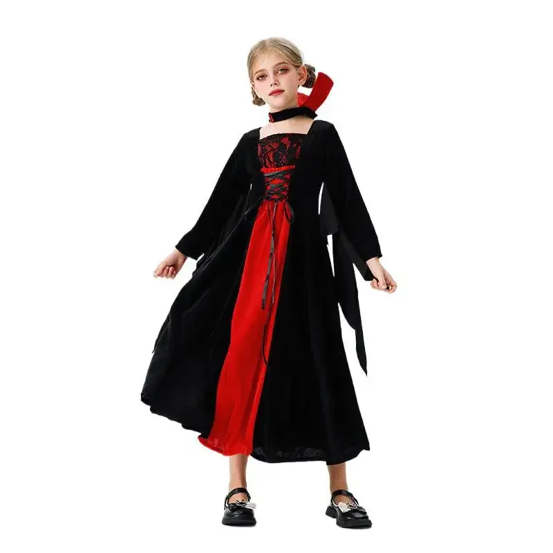 Girls Halloween Bride Vampire Cosplay Costume Medieval Renaissance Gothic Dresses Carnival Theme Party Dress Prom Gowns110-150CM