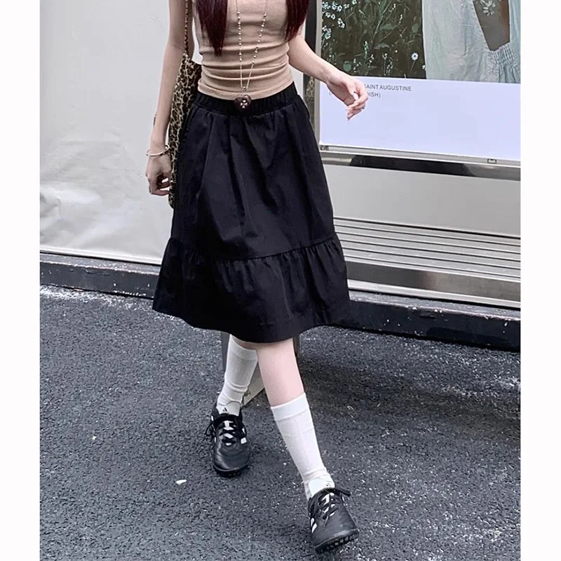 

Summer Girls Loose Fit Thin A-line Skirts Female Korean High Waist Leisure Skirts Women Fashion Solid Color Midi Dress