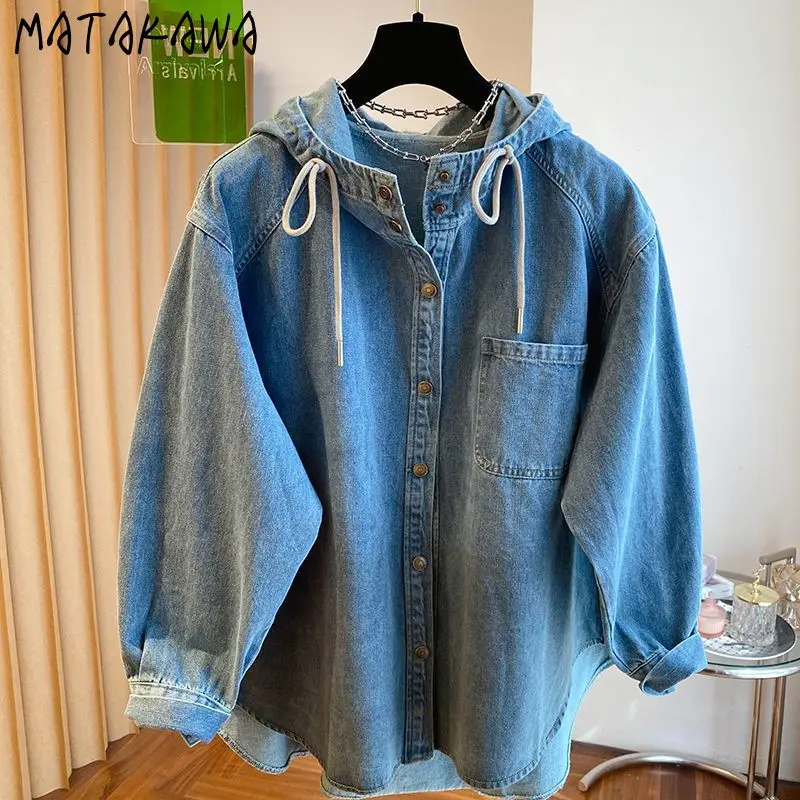 

Matakawa Denim Shirts&blouses Women Tops Hooded Spring Autumn Solid Retro Blusas Mujer Korean Fashion Casual Camisas