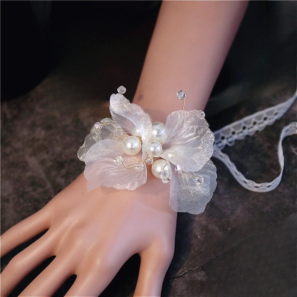 우아한 신부 손목 코사지 신랑용 부토니에 웨딩 커플 웨딩 액세서리 진주 장식 튤 꽃 결혼식 파티