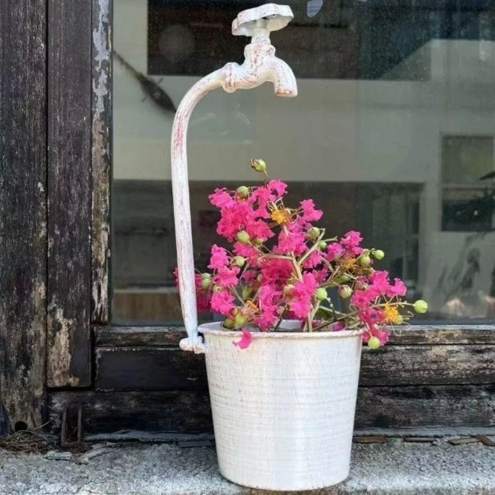 Rustic Metal Faucet Flowerpot Crack Resistant Artistic Retro Vintage Flowerpot Corrosion-Resistant Flower Bucket Balcony Garden