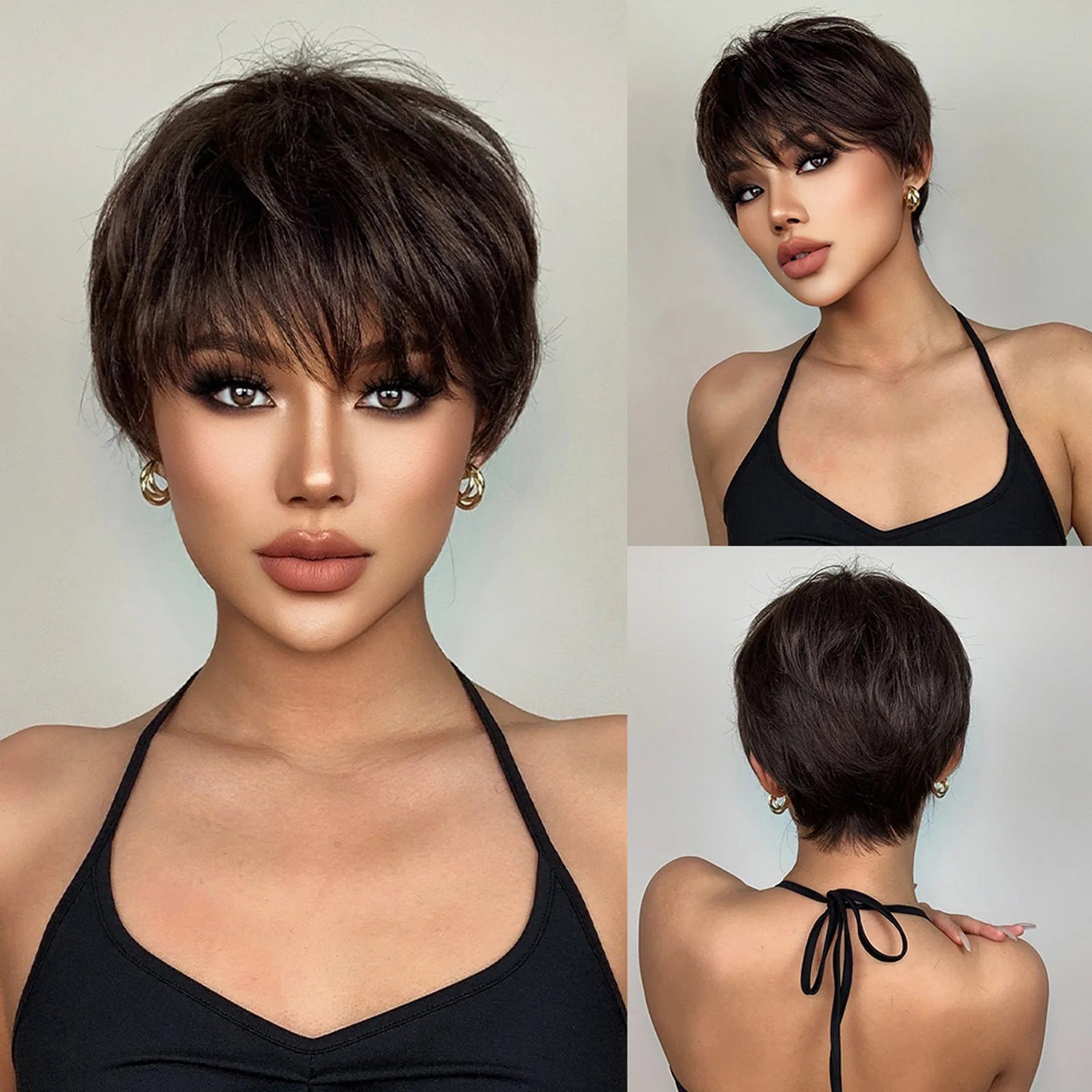 Short Bob Wig With Bangs High Temperature Fiber Synthetic Wig Natural Dark Brown Smooth Glossy Hair Breathable Adjustable Cap Fo