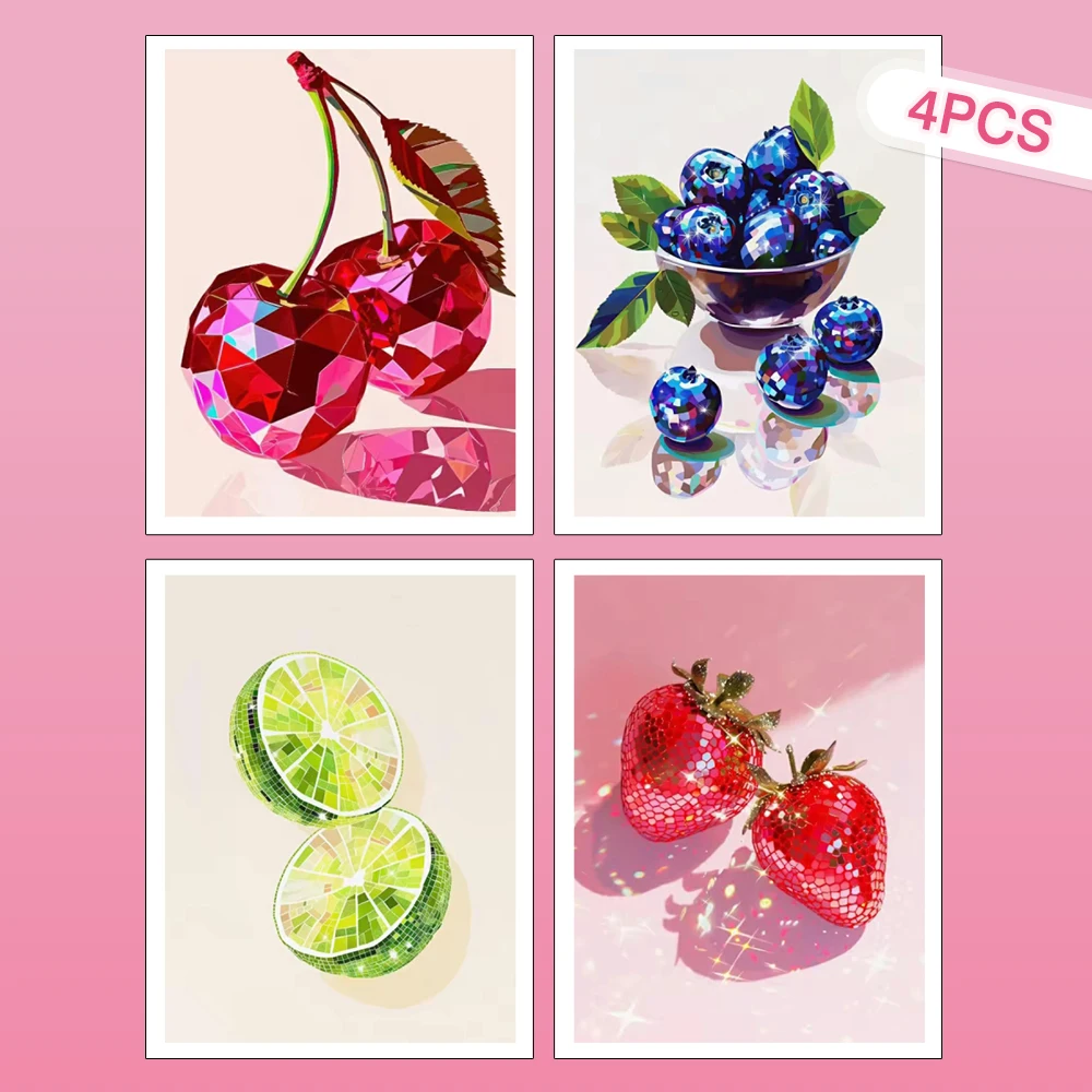 HUACAN 4-teiliges Kirsch-Diamantgemälde 5D Frucht-Blumen-Mosaik Küche Handgefertigte Heimdekoration Strass Erdbeere Vollrund-Bohrer