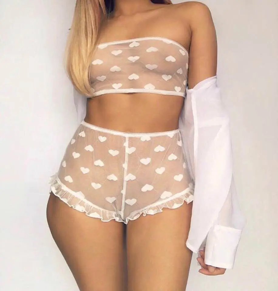 Women Sexy Bra and Knicker Lingerie Set Lace Heart Pattern Crop Slim See Through Mesh Bra and High Waist Ruffle Panty Set