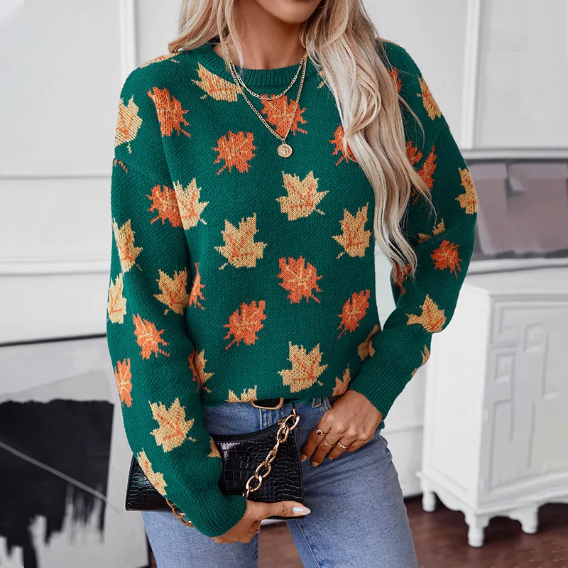 Felpa pullover girocollo a maniche lunghe con motivo foglia d'acero da donna autunno inverno