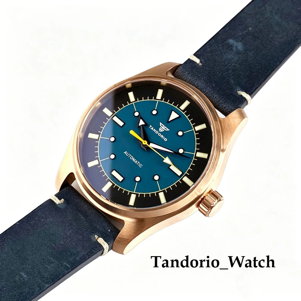 Tandorio 39mm Solid Cusn8 Bronze Automatic Men's Watch For Miyota 8215 20ATM Sapphire Glass Luminous Blue/White Pilot Men Watch