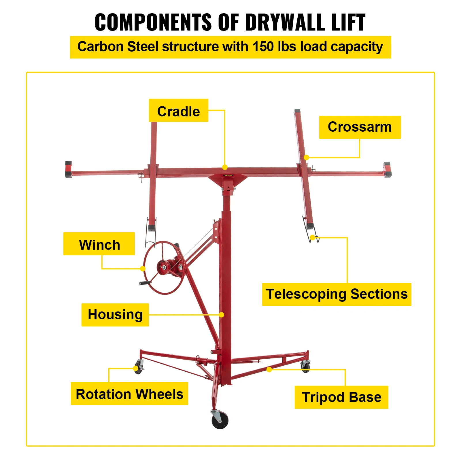 Imagem -06 - Levantador de Rolamento do Drywall de Vevor 11ft com Rodas Lockable Painel Resistente do Gesso da Capacidade 150lbs Que Inclina o Elevador do Jaque da Grua