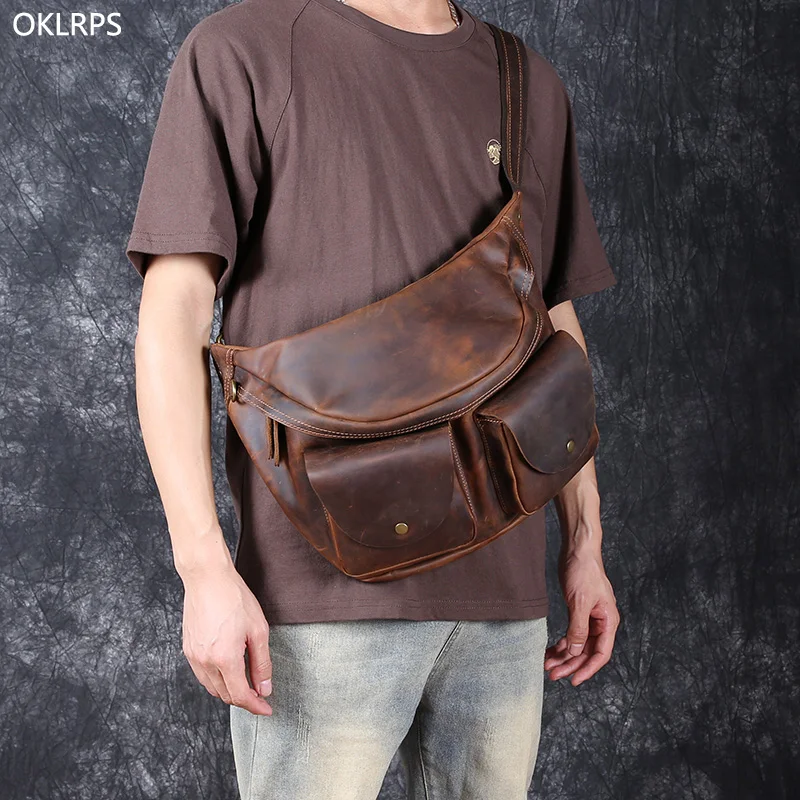 Vintage Top Layer Cowhide Chest Bag Casual Men\'s Outdoor Shoulder Crossbody Bag Fashion Trend Leather Waist Pack