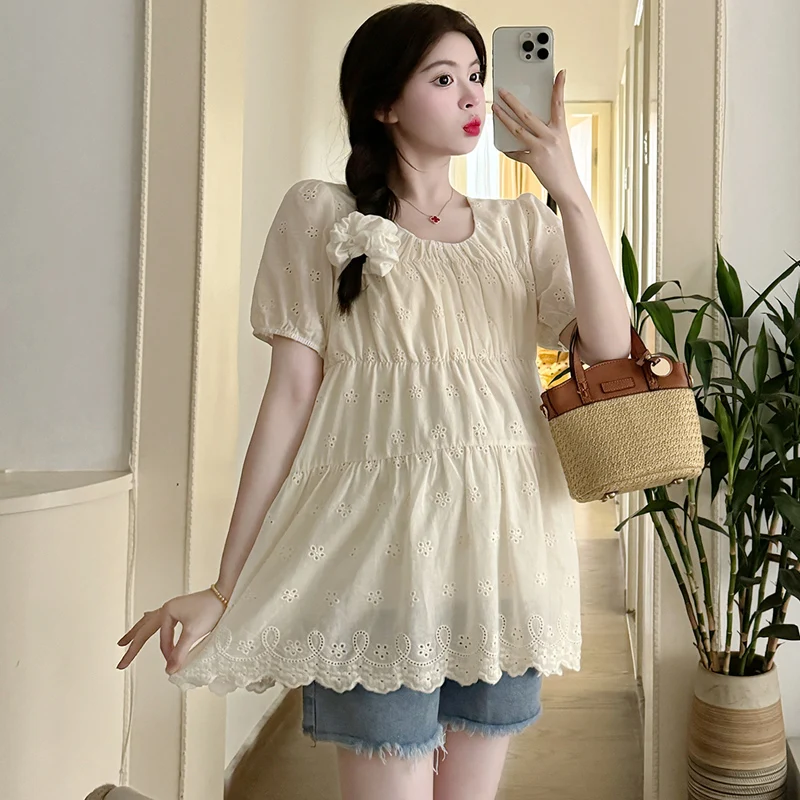 Korean Style Summer Pregnant Women's Fashion Tees Shirts Long Loose Embroidered Top Sweet Maternity Ball Gown Blouses Beige